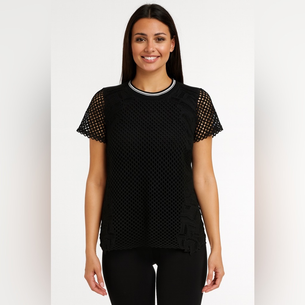 Trouve Mesh Embroidered Black T-Shirt Top Sz S